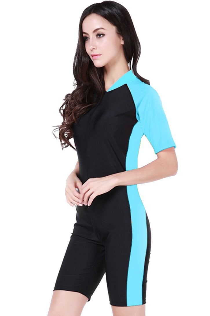 Micosuza Woman's Swimsuits one Piece Short Sleeve Sun Protection Ocean Blue - Image 1